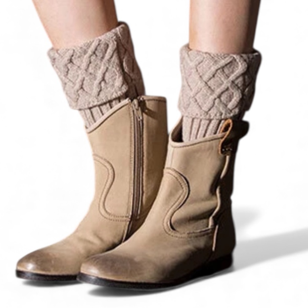 Cable Knit Leg Warmers Boot Cuffs Short Ankle Style Light Tan Brown EUC